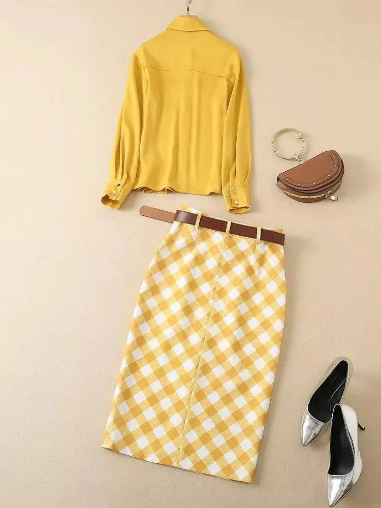 Plaid Skirt Outfit Set - Yellow - Clothing Set - LeStyleParfait