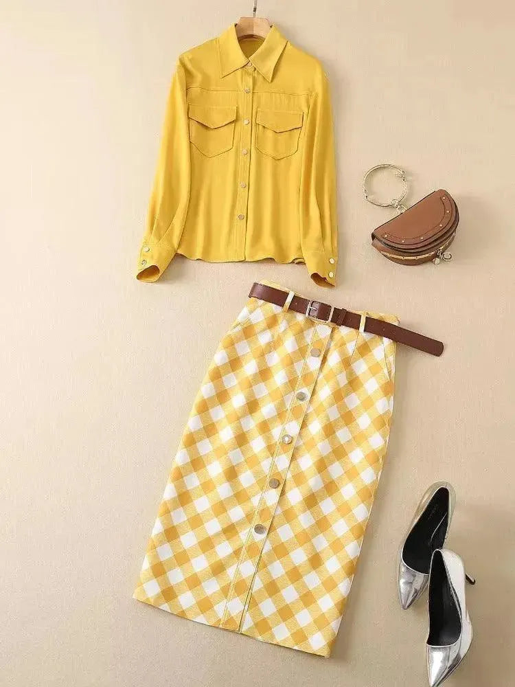 Plaid Skirt Outfit Set - Yellow - Clothing Set - LeStyleParfait