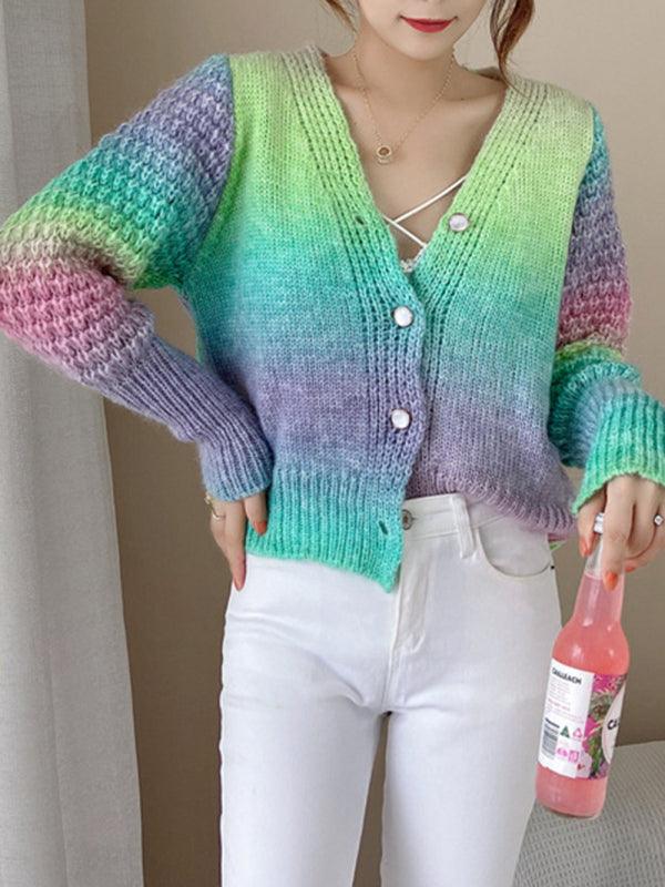 Rainbow Gradient Women Cardigan Sweater - Cardigan Sweater - LeStyleParfait