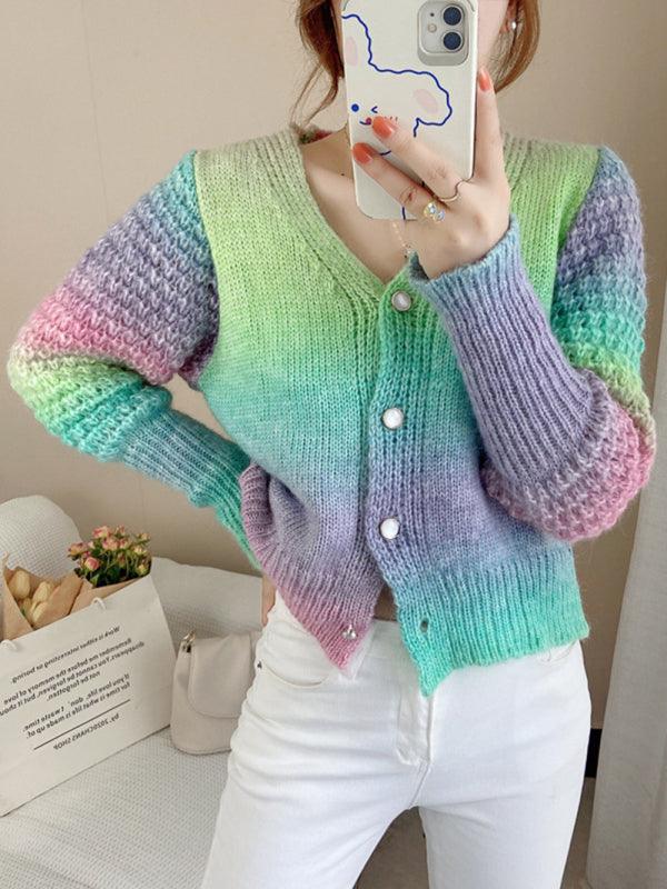 Rainbow Gradient Women Cardigan Sweater - Cardigan Sweater - LeStyleParfait