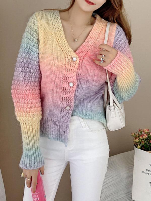 Rainbow Gradient Women Cardigan Sweater - Cardigan Sweater - LeStyleParfait