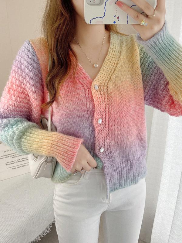 Rainbow Gradient Women Cardigan Sweater - Cardigan Sweater - LeStyleParfait