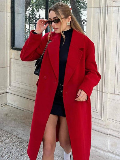 Red Warm Loose Double-Breasted Women's Overcoat-women-coat-LeStyleParfait