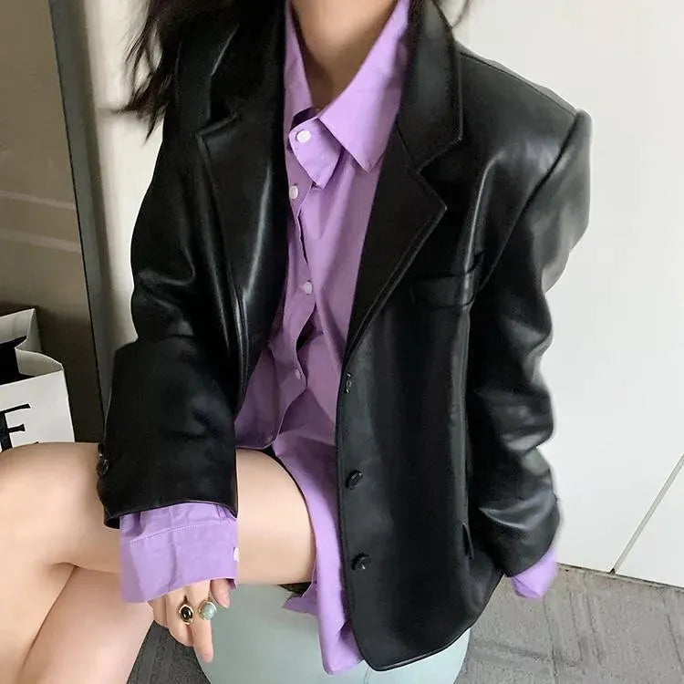 Runway Oversized Leather Blazer Women - Casual - Plain-Solid - Leather Blazer - LeStyleParfait