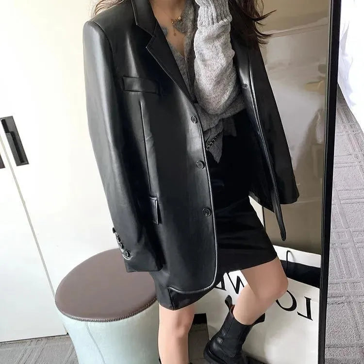 Runway Oversized Leather Blazer Women - Casual - Plain-Solid - Leather Blazer - LeStyleParfait