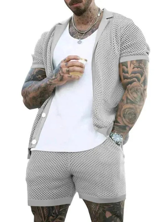 See-Through Short-Sleeved Men Cardigan Outfit Set - Clothing Set - LeStyleParfait