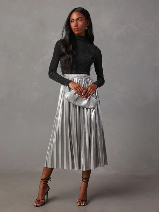 Shiny Pleated High-waisted A-line Plisse Skirt - A-line Plisse Skirt - LeStyleParfait