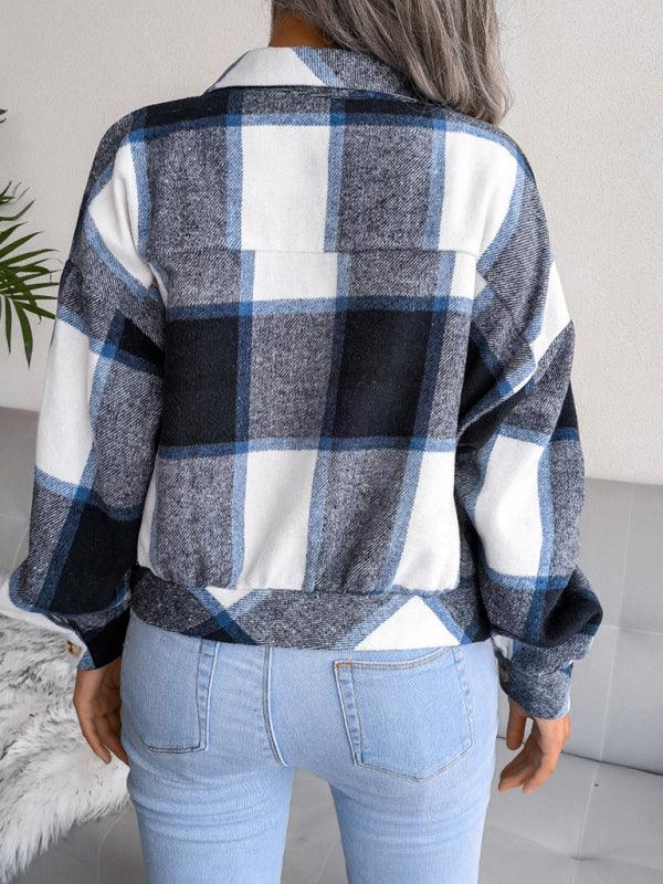 Short Plaid Loose Women’s Coat-Women Coats-LeStyleParfait