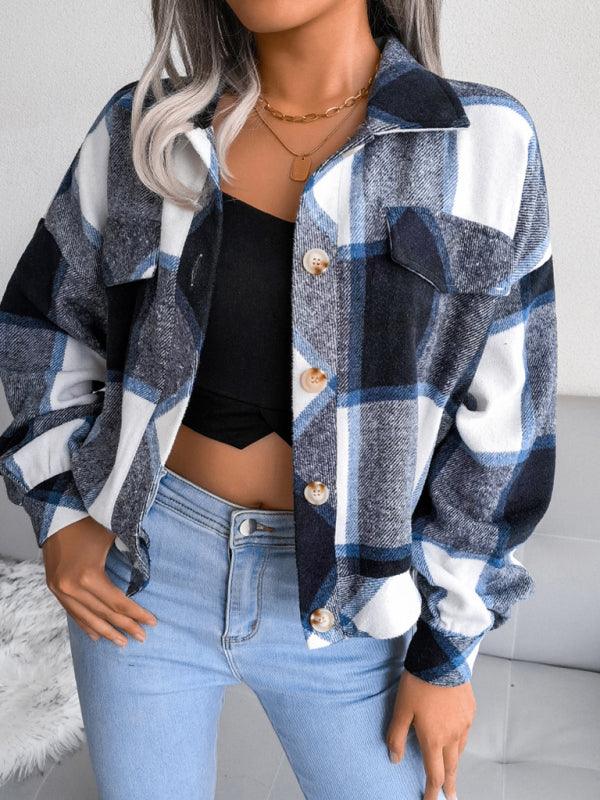 Short Plaid Loose Women’s Coat-Women Coats-LeStyleParfait