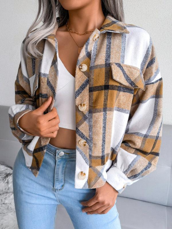 Short Plaid Loose Women’s Coat-Women Coats-LeStyleParfait