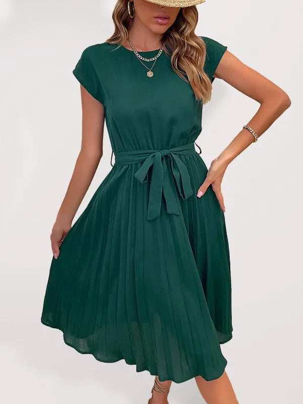 Short Sleeve Pleated Midi Dress - Midi Dress - LeStyleParfait