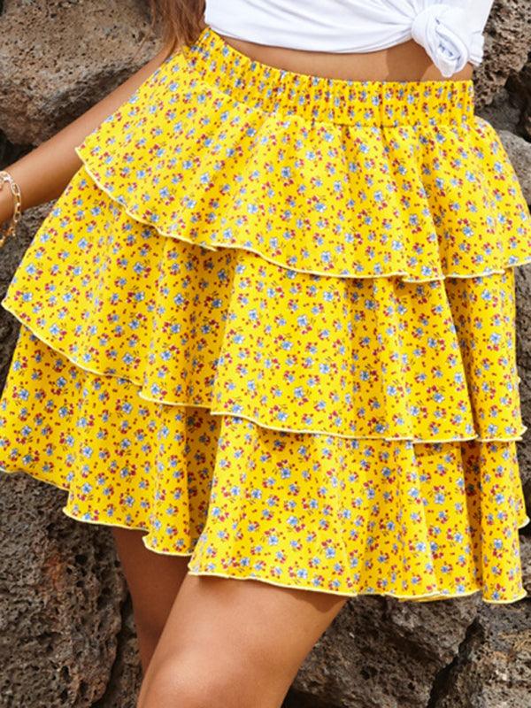 Skirt A-line Skirt New Elastic Layer Cake Floral Pleated Skirt - - LeStyleParfait