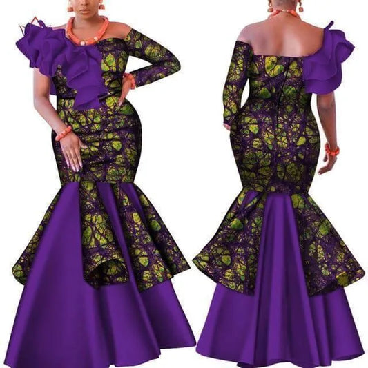 Slash Neck Purple African Dress-LeStyleParfait