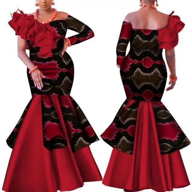 Slash Neck Red African Dress-LeStyleParfait