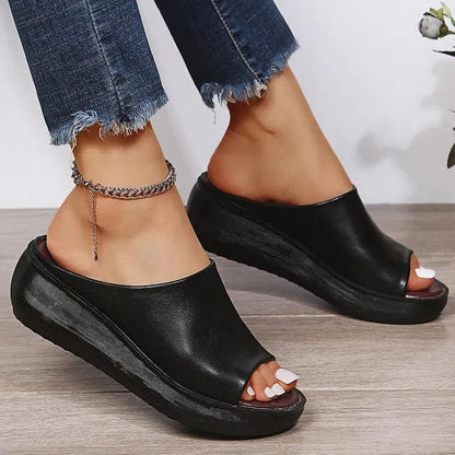 Slip-on Leather Wedge Sandals - Wedge Shoes - LeStyleParfait