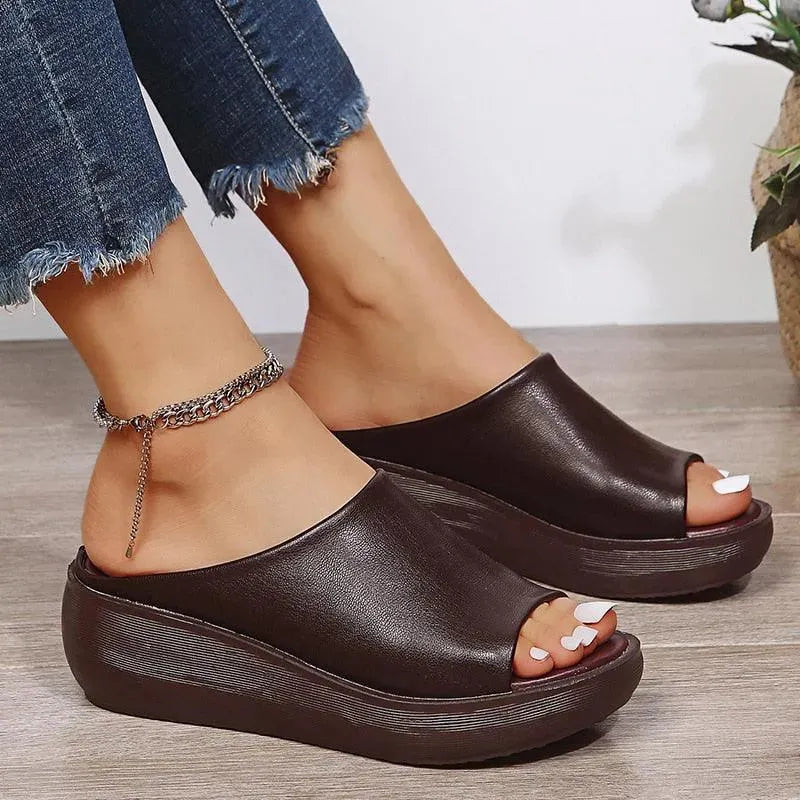 Slip-on Leather Wedge Sandals - Wedge Shoes - LeStyleParfait