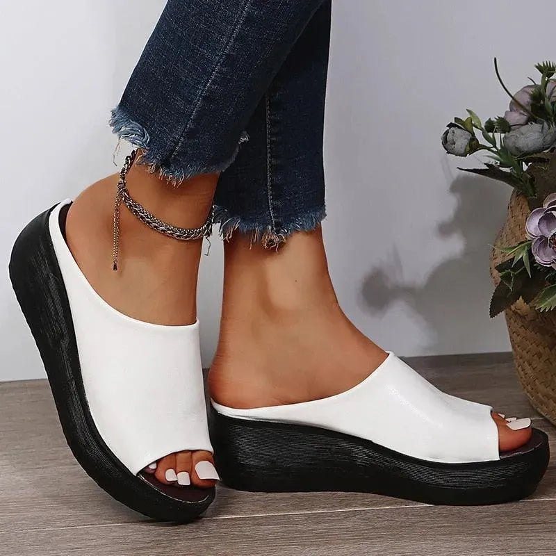 Slip-on Leather Wedge Sandals - Wedge Shoes - LeStyleParfait