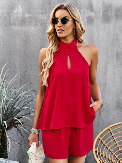 Solid Cutout Mock Halter Neck Women Outfit Set - Clothing Set - LeStyleParfait