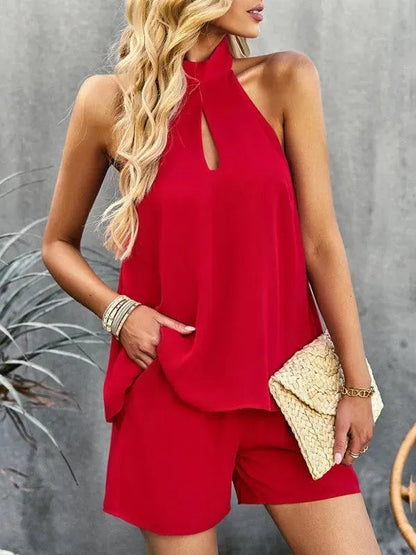 Solid Cutout Mock Halter Neck Women Outfit Set - Clothing Set - LeStyleParfait