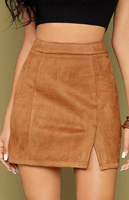 Suede Hip High Waist A-Line Half Skirt - - LeStyleParfait