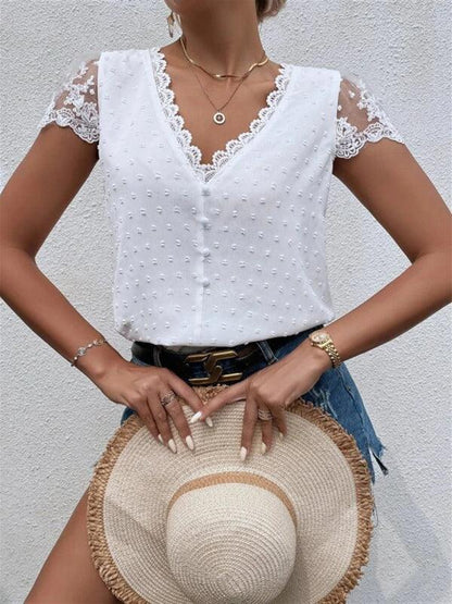 V-Neck Lace Women Blouse - Blouse - LeStyleParfait