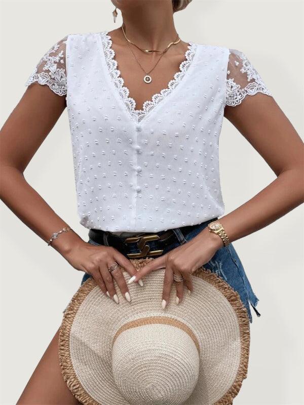 V-Neck Lace Women Blouse - Blouse - LeStyleParfait