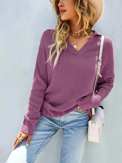 V-Neck Polo Women Sweater Top - Pullover Sweater - LeStyleParfait