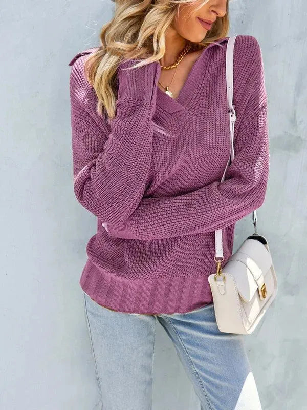 V-Neck Polo Women Sweater Top - Pullover Sweater - LeStyleParfait