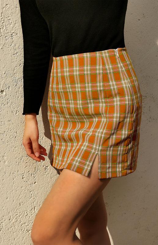 Versatile Hip Wrap Split High Waist Plaid Skirt - - LeStyleParfait