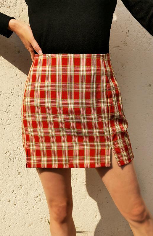 Versatile Hip Wrap Split High Waist Plaid Skirt - - LeStyleParfait