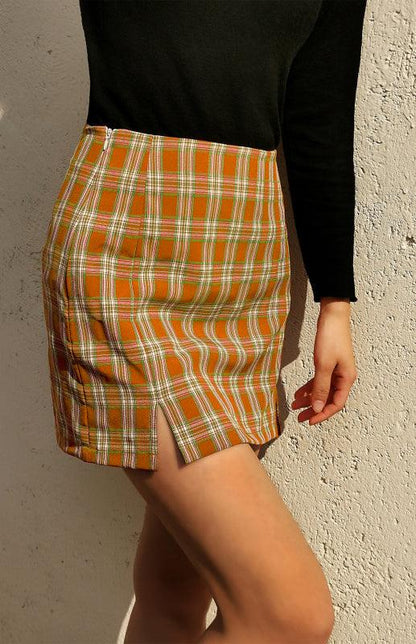 Versatile Sheath High Waist Plaid Skirt with Slit - Plaid Skirt - LeStyleParfait