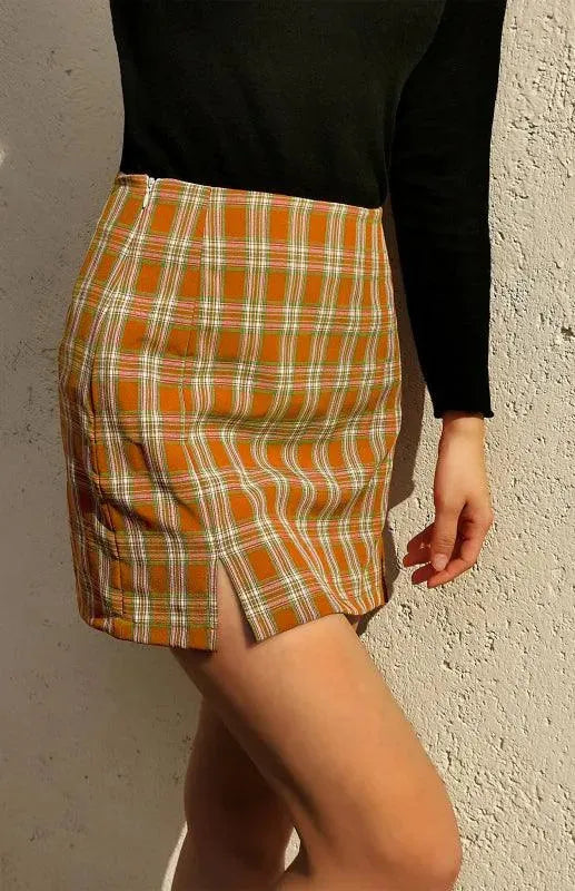 Versatile Sheath High Waist Plaid Skirt with Slit - Plaid Skirt - LeStyleParfait