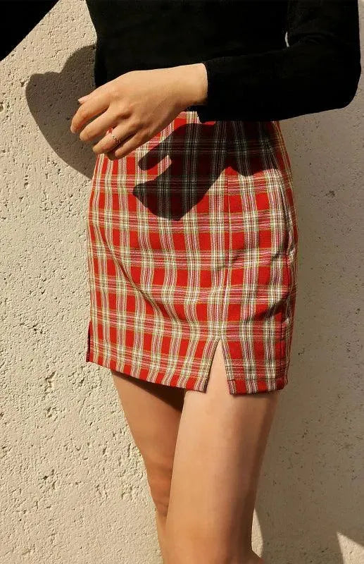 Versatile Sheath High Waist Plaid Skirt with Slit - Plaid Skirt - LeStyleParfait