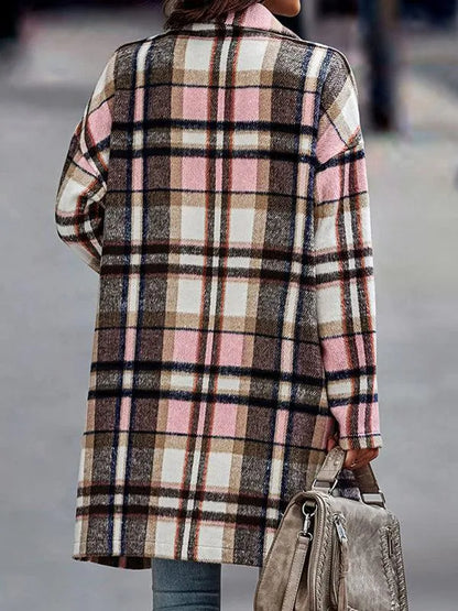 Winter Women Lapel Plaid Wool Overcoat - Plaid Coat - LeStyleParfait