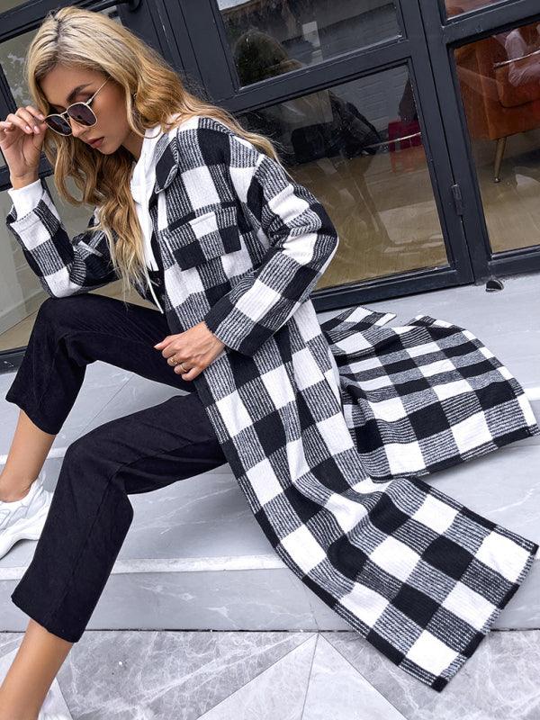 Woman's Plaid Slim Overcoat-Overcoat Coat-LeStyleParfait