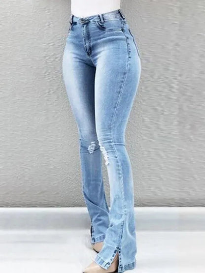 Women Jeans - High Waist Slit Flared Jeans - Women Jeans - LeStyleParfait