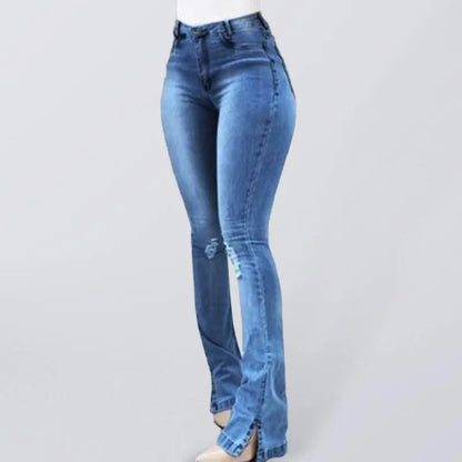 Women Jeans - High Waist Slit Flared Jeans - Women Jeans - LeStyleParfait