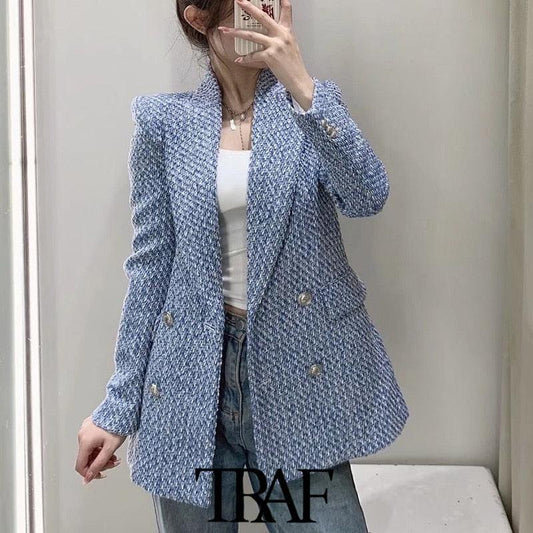 Women's Double-Breasted Tweed Blazer - Tweed Coat - LeStyleParfait