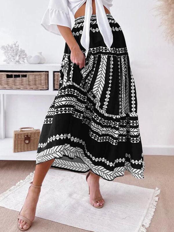 Women's Ethnic Style Irregular Stripe Printed Skirt - - LeStyleParfait