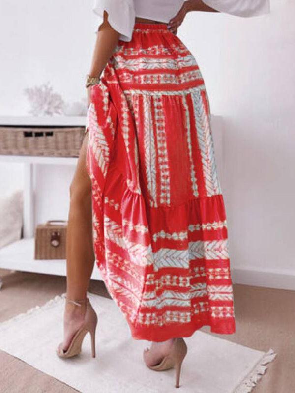 Women's Ethnic Style Irregular Stripe Printed Skirt - - LeStyleParfait