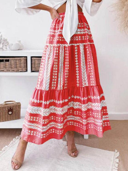 Women's Ethnic Style Irregular Stripe Printed Skirt - - LeStyleParfait