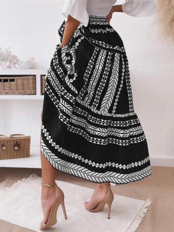 Women's Ethnic Style Irregular Stripe Printed Skirt - - LeStyleParfait