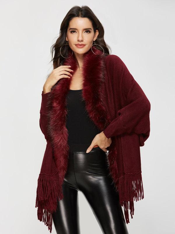 Women's Fur Collar Shawl Wool Coat - Shawl Coat - LeStyleParfait