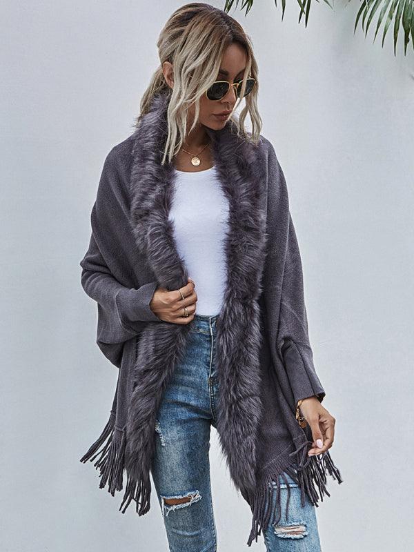 Women's Fur Collar Shawl Wool Coat - Shawl Coat - LeStyleParfait