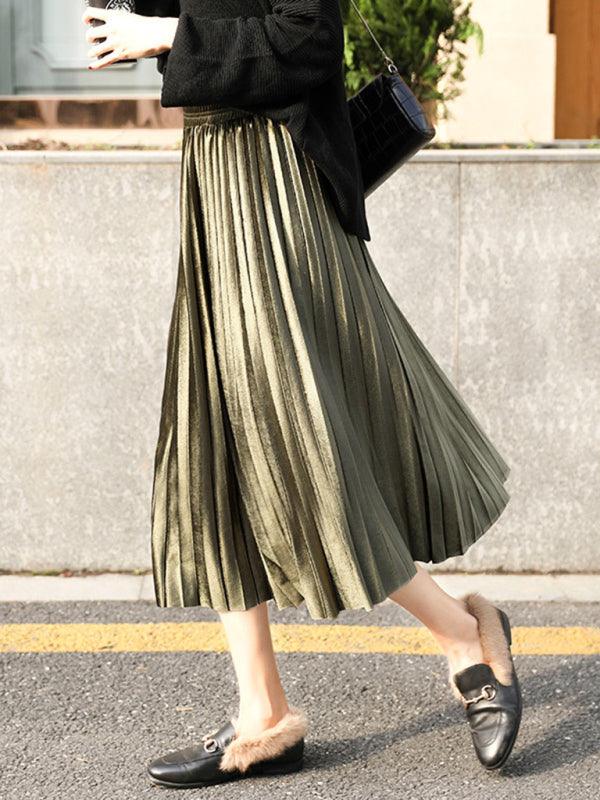 Women's Gold Velvet Pleated Skirt With Wide Hem - - LeStyleParfait