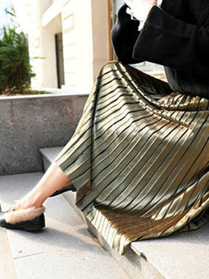 Women's Gold Velvet Pleated Skirt With Wide Hem - - LeStyleParfait