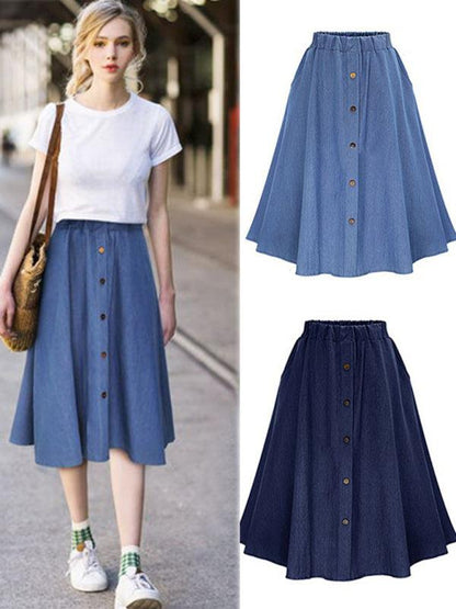 Women's High Waist Solid Color Mid Length Denim Skirt - - LeStyleParfait