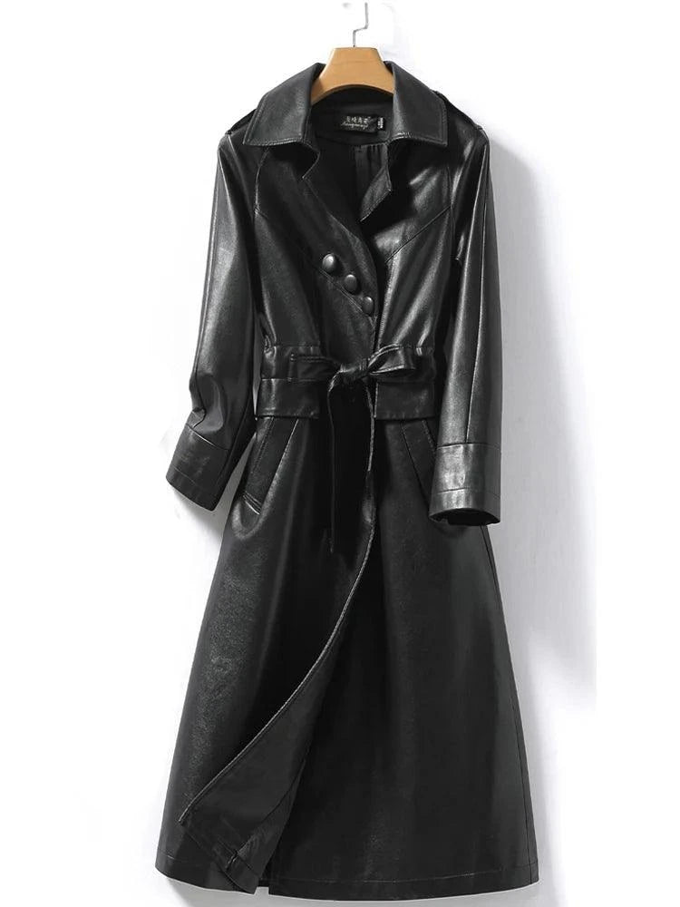 Women's Long Belted Leather Overcoat - Overcoat - LeStyleParfait