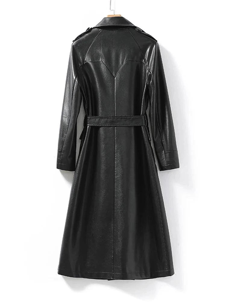 Women's Long Belted Leather Overcoat - Overcoat - LeStyleParfait