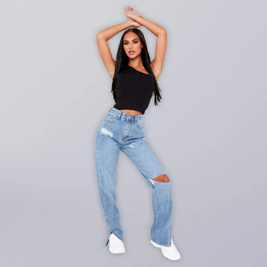 Women Straight Ripped Jeans With Ankle Slits - Women Jeans - LeStyleParfait